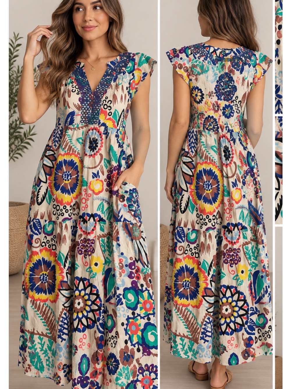 Boden Boho Floral Multi-Color Cotton tiered midi dress size 6 L